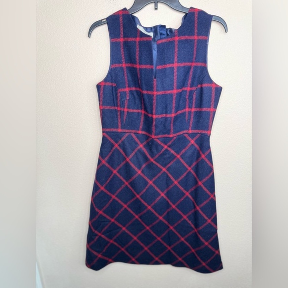 Hobbs London Sleeveless Wool Sheath Plaid Dress Navy Red  Tartan, size 10 US